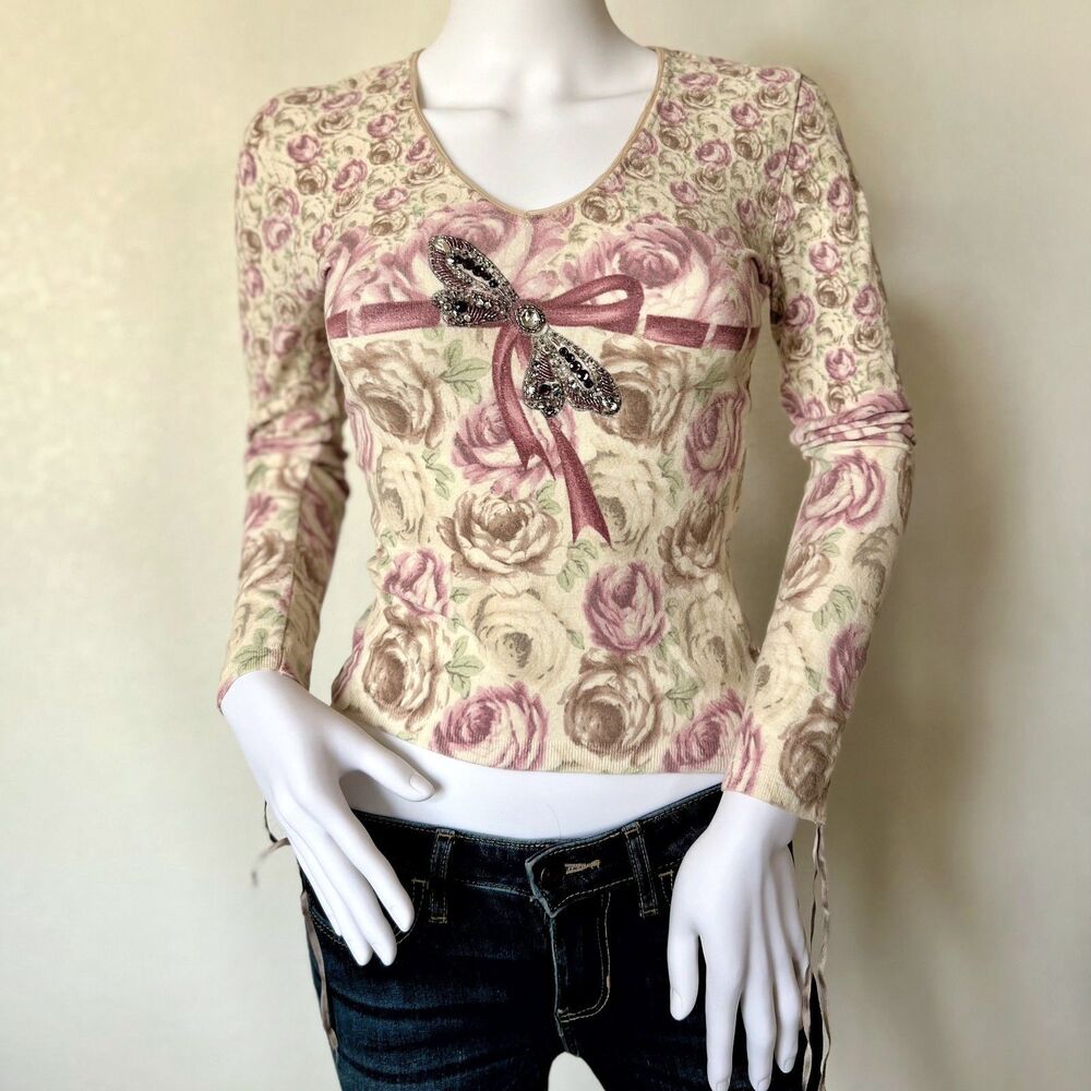 Vintage Blumarine Y2K Floral Knit Long Sleeve Top Rhinestone Dragonfly Size XS
